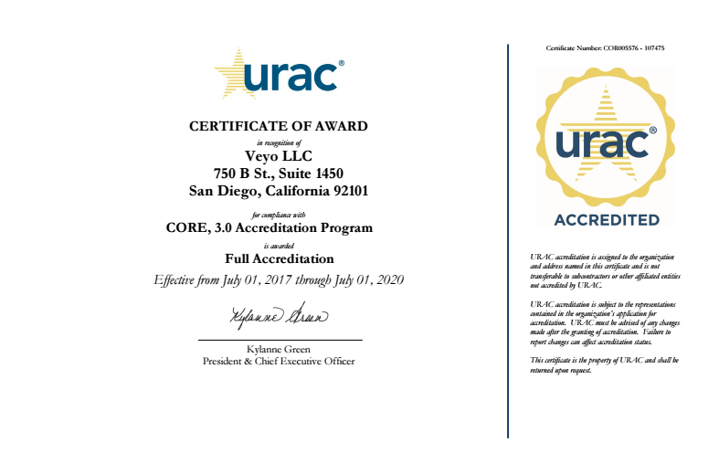 Veyo URAC Accreditation Certificate