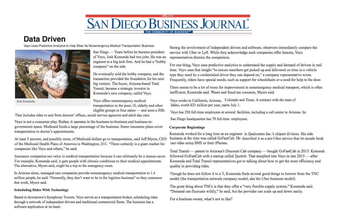 Veyo and Josh Komenda in the San Diego Business Journal