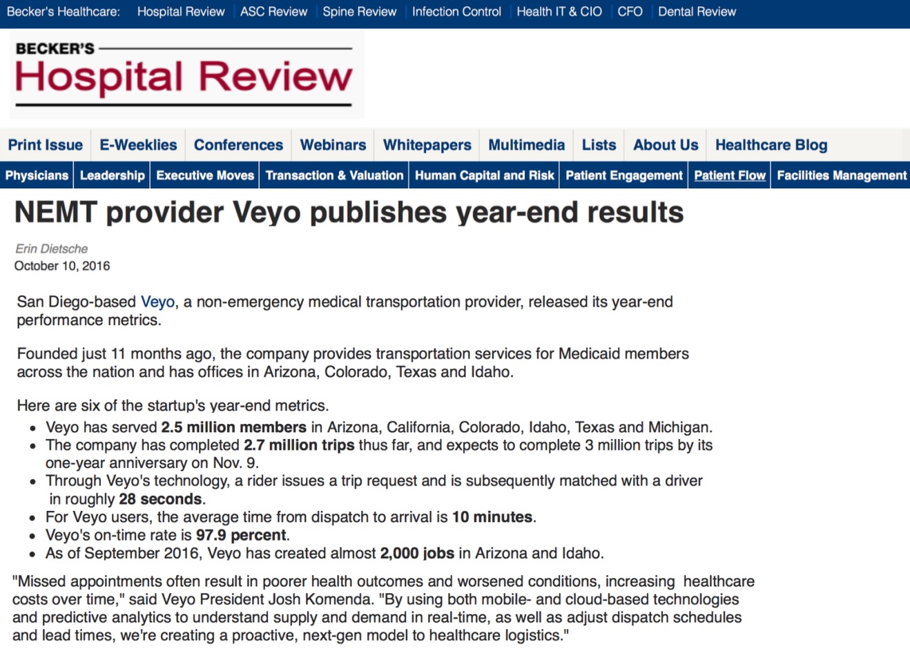 Veyo in Becker's Hospital Review